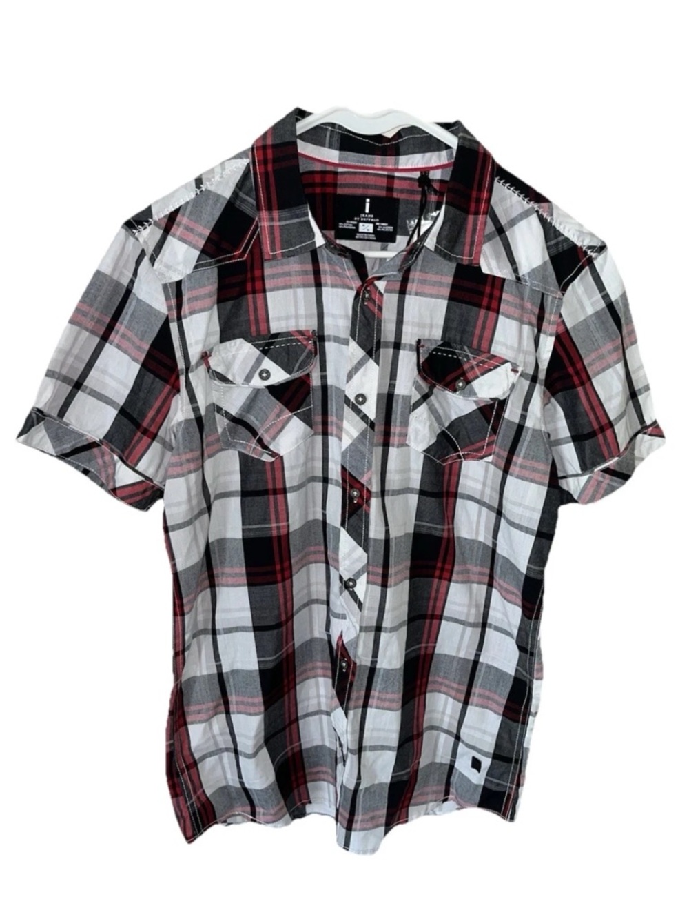 I Jeans by Buffalo Red Black Checkered Plaid Button Down Short Sleeve Size M NWT